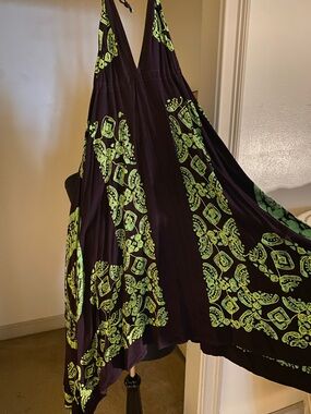 Black Halter Boho Maxi Dress with Green Embroidery